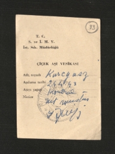 Turecki dokument poświadczający szczepienie przeciwko ospie